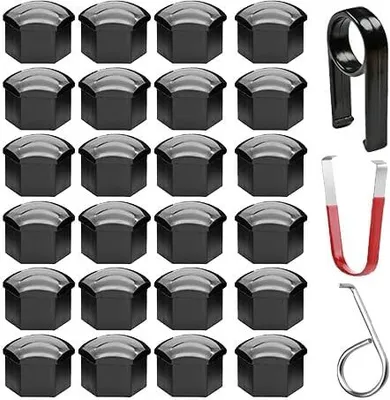 Produktbild von 20 Stück Universal 17mm Kunststoff Nut Abdeckkappe Schraube Auto Mutter Covers Bolt Radkappen mit 3 stück Abziehhaken (Schwarz)