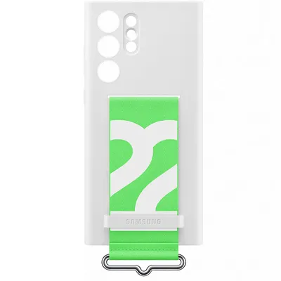 The back of a white phone case with a green and white patterned strap attached.