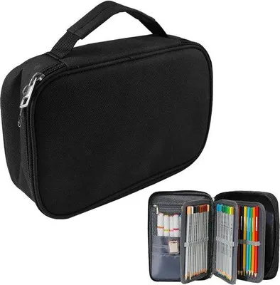 Image de Trousse imperméable à 3 compartiments, 72 crayons, noire, idéale pour l'école