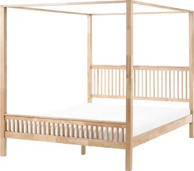 Produktbild von BELIANI Himmelbett Hellbraun aus Gummibaumholz 180 x 200 cm 4 Pfosten Elegant Modern Stilvoll Minimalistisch Designer Baldachinbett Bett Schlafzimmer