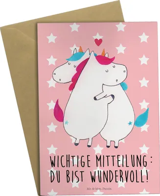 Produktbild von Mr. & Mrs. Panda babykarte Einhorn Mitteilung - Rot Pastell - Geschenk, Grußkarte, einladungskarten, Grußkarten, osterkarte, Einhörner, Spruch, dankeskarten, Liebe