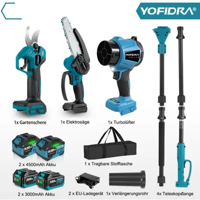 Produktbild von YOFIDRA Akku-Hochentaster-Set, 2 m Teleskopstange, 6-Zoll-Säge, Gartenschere und Laubbläser, 4 Akkus, Türkis/Schwarz