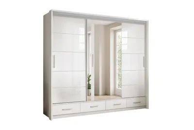 Obrázek produktu pro Šatní skříň s posuvnými dveřmi 253 cm se zrcadlem, lesklými čely, LED osvětlením a zásuvkami, bílá + bílý lesk