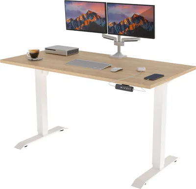 Produktbild von POKAR Höhenverstellbarer Schreibtisch Höhenverstellbar Elektrisch Bürotisch mit Tischplatte, Größe:140x80, Farbe:Weiß + Eichen Sonoma