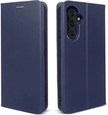 A blue flip cover phone case is shown from two angles.