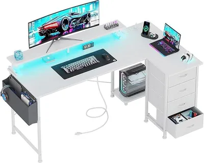 Image de Bureau d'ordinateur en forme de L avec 4 tiroirs, 160 cm, réversible, bureau pour bureau à domicile avec prises électriques, bureau d'ordinateur en forme de L avec port de charge USB et support pour ordinateur, bureau d'angle