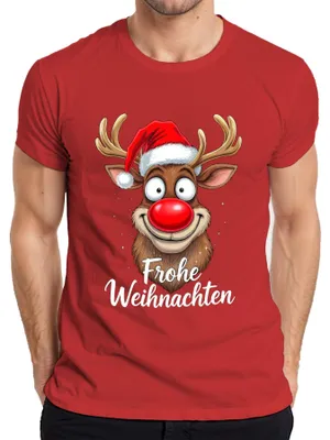 Produktbild von Frohe Weihnachten Lustiges Rentier Rudolf Weihnachtsmütze Cartoon Herren T-Shirt, Rot, L