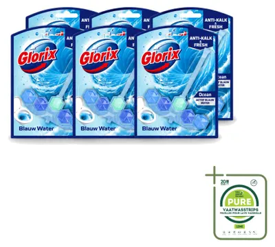 Obrázek produktu pro 6 kusů Glorix Power 5+ toaletní desinfekční tablety, modrá barva, vůně Ocean - velká balení