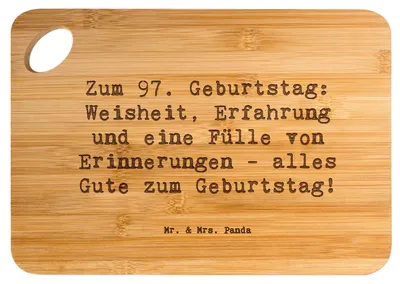 Produktbild von Mr. & Mrs. Panda Schneidebrett Spruch 97. Geburtstag - Transparent - Geschenk, holzschneidebrett, Holzbrett, Frühstücksbrettchen, Brett, Frühstücksbrett, Freude, Alter