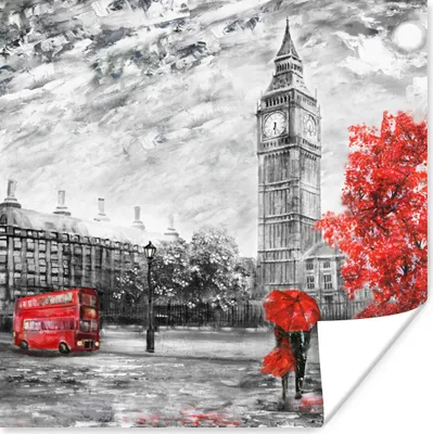 Produktbild von MuchoWow® Poster Gemälde - Big Ben - Rot - Regenschirm 50x50 cm - Wohnzimmerdekoration