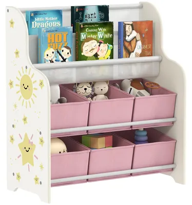 Image de Étagère de rangement pour jouets pour enfants - Organisateur de jouets - 6 boîtes en tissu amovibles, 2 étagères, bibliothèque pour chambre d'enfant, 63x30x71 cm - Rose