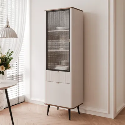 Image de Vitrine haute NAVANI 60 cm Vitrine en verre à tiroir Armoire de salon Étagère sur piedFace en verre Cachemire + noyer Armoire de rangement pour le salon