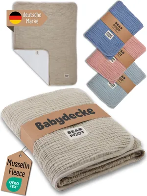 Produktbild von Babydecke - Musselin Fleecedecke (Baumwolle,Fleece) flauschig weiche Kuscheldecke, Baby, Neugeborene, Geschenk Junge & Mädchen zur Geburt - braun
