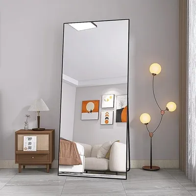 Zdjęcie produktu dla Lustro stojące lub wiszące, pełnoolistrowe, z czarną ramą, duże, dekoracyjne lustro do sypialni, łazienki lub salonu (80 x 180 cm, prostokątne)