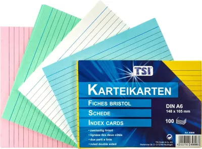 Produktbild von TSI Karteikarten A6 liniert 100er Pg. farbig sortiert