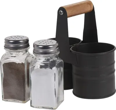 Obrázok produktu pre Súprava korenia a soli v kovovom košíku, 13 x 6 cm, čierna