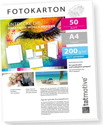 Produktbild von TATMOTIVE FA4200M50 Fotokarton Fotopapier 200g matt weiß / Laserdrucker / DIN A4 / Beidseitig bedruckbar / 50 Blatt