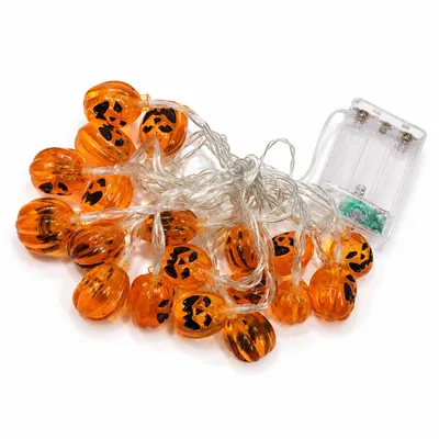 Produktbild von Halloween Lichterkette mit 20 LED Kürbissen – 3 m batteriebetriebene Kürbis-Lichterkette mit warmweißem Licht – Dekoration für Fenster, Tisch und mehr, KI-generiertes Bild