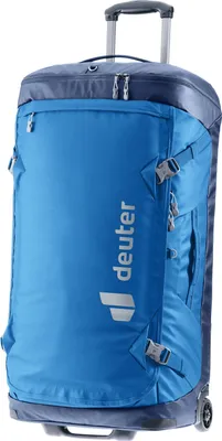 A blue and dark blue duffel bag with wheels and a retractable handle.
