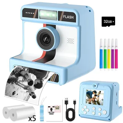 Produktbild von ZELURXX Kinder-Sofortbildkamera 1080P mit Thermodruck, 2,4" IPS-Display, Selfie, Serienaufnahme, 32GB, MP3 und Spiele, Blau
