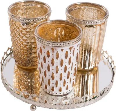 Produktbild von Jinfa® 3er Set Teelichtgläser auf Spiegelplatte in Gold
