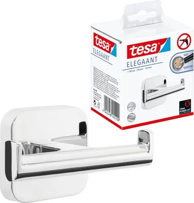 Produktbild von tesa ELEGAANT Doppel-Handtuchhaken, verchromt - Bad-Haken mit doppelter Aufhänge-Lösung, zur Wandbefestigung ohne Bohren, inkl. Klebelösung