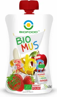 Zdjęcie produktu dla MUS TRUSKAWKA - BANAN - JABŁKO BEZGLUTENOWY90 g - BIOFOOD
