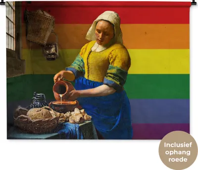 Produktbild von MuchoWow® Wandteppich Wandbehang Vermeer - Milchmädchen - Regenbogen 120x90 cm Tapisserie Dekoration Wandtuch - Wohnen - Aufhänger für die Wand