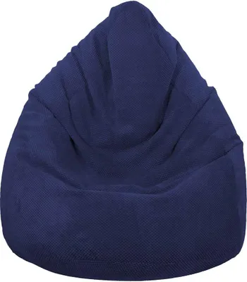 A dark blue beanbag chair is shown against a white background.