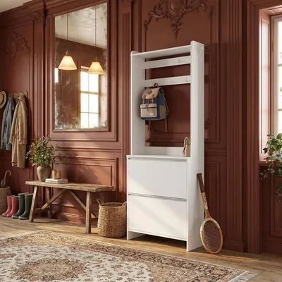 Produktbild von Schuhschrank Schmal, 12-16 Paar, Offenen Fächern, 11 Haken, Weiß | Schuhkommode, Für Schuhe Bis Größe 47, Trennwand Verstellbare, für Schmaler Flur