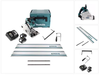Productafbeelding van Makita DSP 600 STJ accu invalcirkelzaag 36V (2x 18V) borstelloos + 2x geleiderail + schulpgeleider + schroefklemmen + geleiderailaansluiting + 2x accu 5.0Ah + lader + Makpac