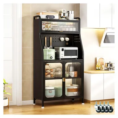 Produktbild von Stehendes Bäckerregal 66 cm, Küchenregal mit 5 Etagen, Mikrowellenregal, Küchenbackständer mit Ablagefläche und Türen in Schwarz (66x36x162 cm)