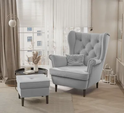 Image de Idohome - Fauteuil à oreilles avec repose-pieds SCANDI de style scandinave, couleur : gris-beige Trinity 32