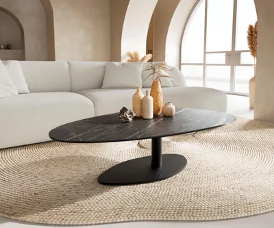Produktbild von DELIFE Couchtisch Edge Oval 140x75 cm Keramik Laminam® Noir Desir Braun Vibany Metall Schwarz