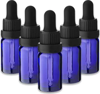 Produktbild von 5x Blaue Glasflasche 10 ml mit schwarzem Tropfeinsatz Tropfer 18/415