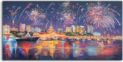 Produktbild von Coloray Acrylbild 140x70  Wandbild Acrylbilder Kunstdruck Bild Stadt Wasser Feuerwerk