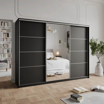 Produktbild von Masseno Schiebetürenschrank VARO 250/205/60 cm Kleiderschrank mit 4 Schubladen Schlafzimmer Schrank 3-türig mit Spiegel Schwarz