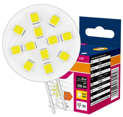 Obrázek produktu pro LED žárovka G4, 2W = 20W, 200 lm, 2700K, teplá bílá, úhel svícení 100°, talířová žárovka, značka OSRAM, nekmitá, Obrázek vytvořený pomocí AI