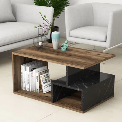 Image de Skye Decor, table basse moderne en noyer foncé et marbre noir, 90 x 54 x 42 cm | Panneau de particules 100 % mélaminé, épaisseur 18 mm | Avec de nombreuses étagères, peut être fixée au mur.