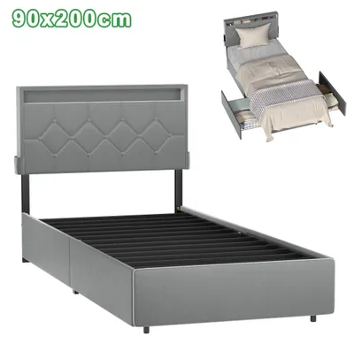 Obrázek produktu pro JOIEYOU Moderní čalouněná postel se 2 zásuvkami a čelem, rošt 90 x 200 cm, postel s úložným prostorem do ložnice, postel s úložným prostorem, světle šedá