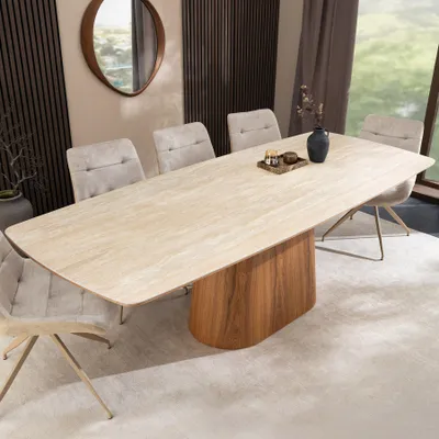 Produktbild von riess-ambiente Esstisch UNIQUE 200cm natur braun Travertin Keramik Eichenholz Säulenfuß 10 Personen