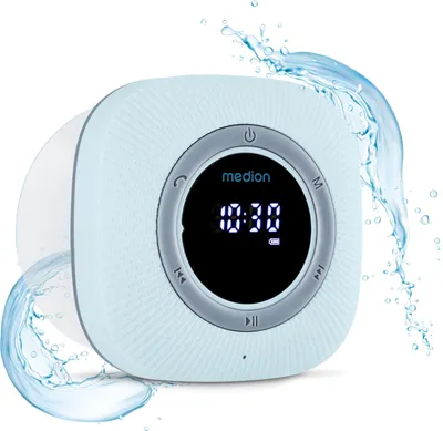 Produktbild von MEDION S66884 Duschradio mit Bluetooth (Badradio, UKW Radio, Saugnapf, LED-Display, IPX6 Wasserdicht, integrierter Akku, MD43884) blau