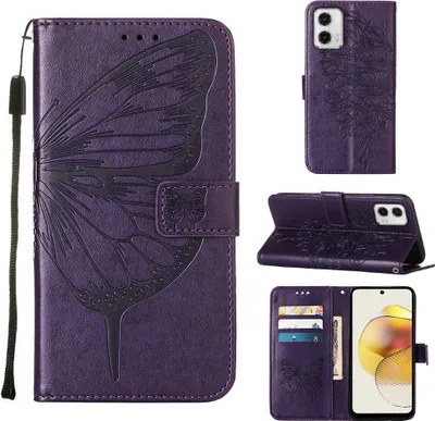 Produktbild von Lederhülle für Motorola Moto G73 Schmetterling Prägung Flip Ledertasche Kartenfächer Handyhülle mit Ständer Lila