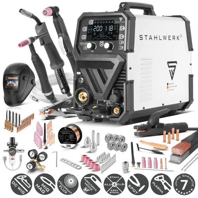Produktbild von STAHLWERK Schutzgasschweißgerät 6-in-1 Kombi CTM-250 Puls Pro – Vollausstattung – WIG, MIG/MAG, MMA (E-Hand), FLUX bis 200A, Plasmaschneider (CUT) 45A, KI-generiertes Bild