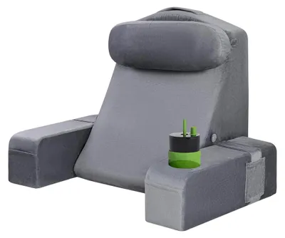 Produktbild von Lesekissen für Erwachsene - Rückenkissen fürs Bett mit abnehmbaren Armlehnen, Getränkehalter und Handyablage - Kissenrückenlehne für bequemes Sitzen im Bett (GRAU, 53 cm)