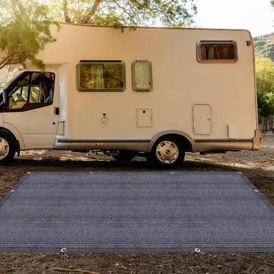 Productafbeelding van Campingtapijt voor de voortent, gemaakt van HDPE, 240 g/m², afmetingen 300 x 400 cm, blauwgrijs, 1 tapijt met 13 haringen, UV-bestendig en aan beide zijden bruikbaar
