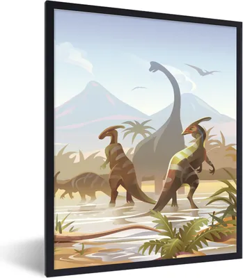 Produktbild von MuchoWow® Gerahmtes Poster Dinosaurier - Landschaft - Tropisch - Kinder - Jungen 60x80 cm - Poster mit Schwarzem Bilderrahmen Wandposter Rahmen Foto Bilder - Premium - Wanddeko Wohnzimmer