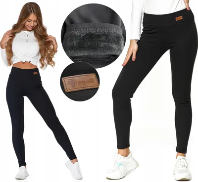 A collage of images showing women wearing black leggings, with close-ups of the leggings' material and a label.