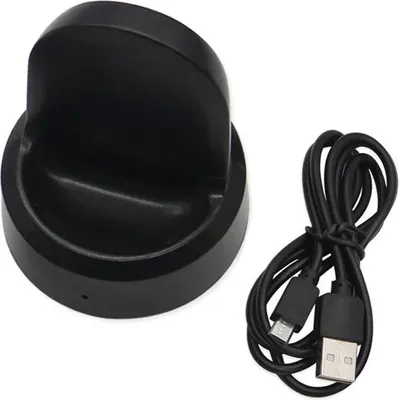 A black charging dock and a black USB cable are shown on a white background.