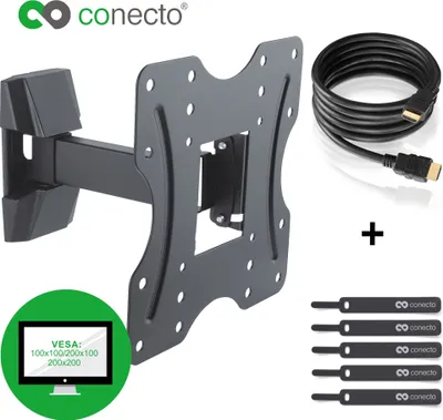 Produktbild von conecto CC50269 Wandhalterung für TV Geräte mit 58-107 cm (23-42 Zoll), neigbar: -10° bis 3°, schwenkbar: -90° bis 90°, Wandabstand: 56-205mm, Traglast: max. 25,0kg, VESA 200x200, schwarz, inkl. GRATIS HDMI-Kabel und Klett-Kabelbinder